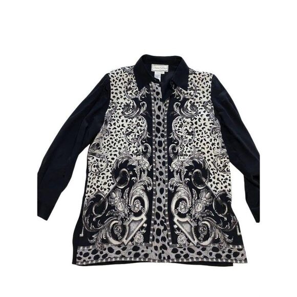 DIANE GILMAN Black White Gray Silk Blouse‎ Top Sequin Embellished Small - Picture 2 of 6